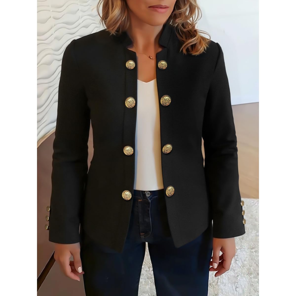 Womens Casual Blazer Jacket Gold Button Long Sleeve Work 0ffice Blazer Lapel Open Front Jacket
