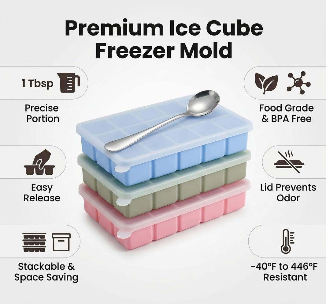 1 Tbsp Silicone Freezer Tray, 3 Pack with Lids & spoon, BPA-Free