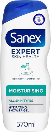 Sanex Expert Skin Health Moisturising Shower gel 570ml - body wash for men & women - gently cleanses - hydrates & softens skin - 12h hydration - advanced prebiotic complex formula - vegan