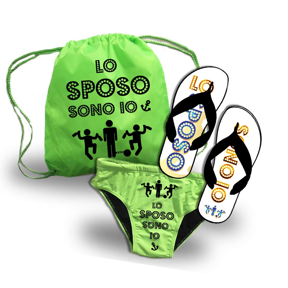 D&Vlab Kit Mare Sposo Addio al Celibato – Sacca Zaino, Ciabatte e Costume Uomo “LO SPOSO SONO IO” – Set Divertente Regalo Matrimonio Team Groom Spiaggia Estate Vacanza