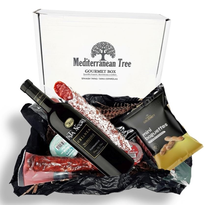 Caja cesta de regalo Gourmet Vino Crianza Embutidos y Patés Ibéricos seleccion Fuet y Picos de Pan artesanos –Pack elegante Ideal para Navidad, Empresas Cumpleaños y Celebraciones Especiales