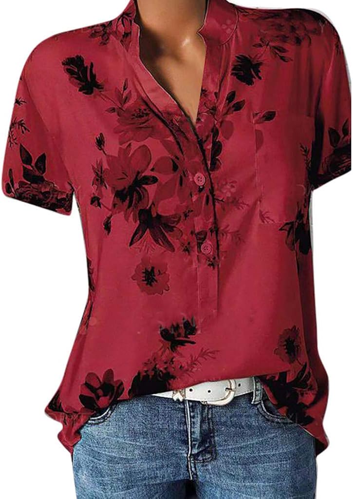 Women Printing Pocket Plus Size Comfy Fashion Casual Short Sleeve Blouse Sexy Easy Holiday Summer Top V Neck Shirt at  Women’s Clothing store
