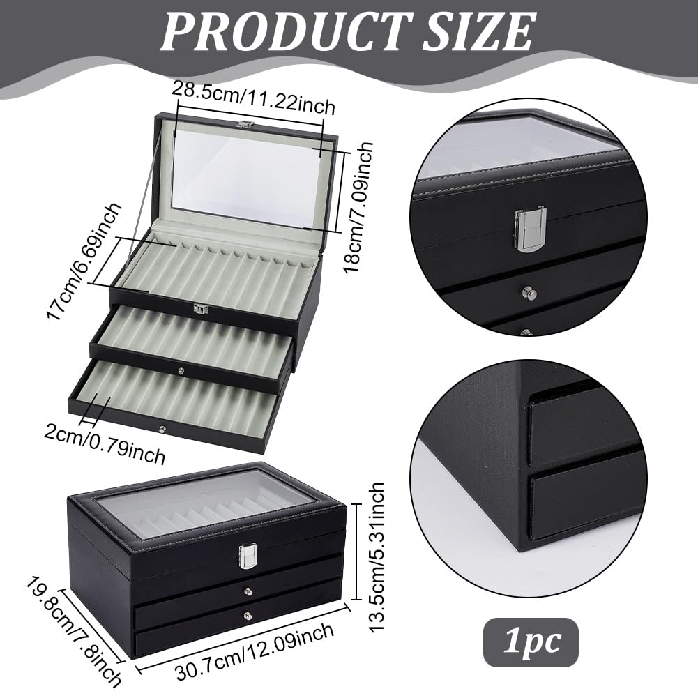 PH PandaHall 3 Schicht Schwarz Stift Anzeige Koffer, 36 Slot Leder Füllfederhalter Organizer Box mit Glas Fenster Stiftbox für Geburtstag Geschenk Sammler Lagerung Geschäft Zuhause Männer Vater