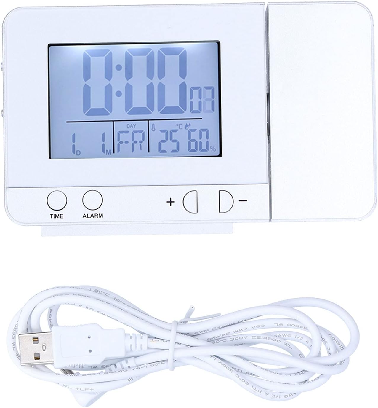 Projection Alarm Clock with 180° Rotation, USB Powered LED Digital Clock, Temperature and Humidity Display, Silver - Large Clear Display, Multi-Language Calendar, Ideal for Bedrooms