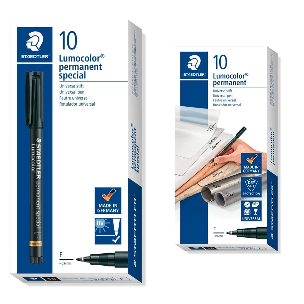 STAEDTLER 319 F-9 VE 319 F-9, Rotulador, color negro + Rotuladores permanentes de punta fina Lumocolor. Caja con 10 uds 318-9