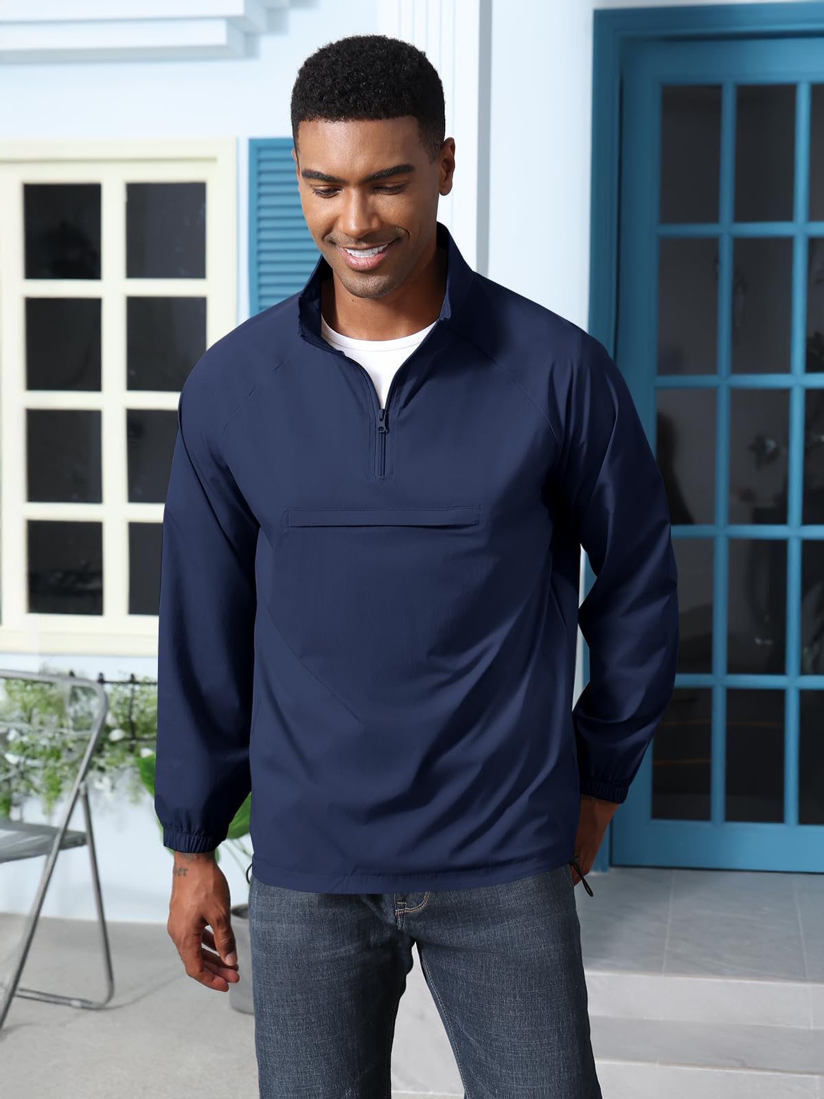 Aulemen Men's Casual Quarter Zip Pullover-Athletic Lightweight Jackets Hiking Golf for Men Mock Neck with Pockets Navy XL