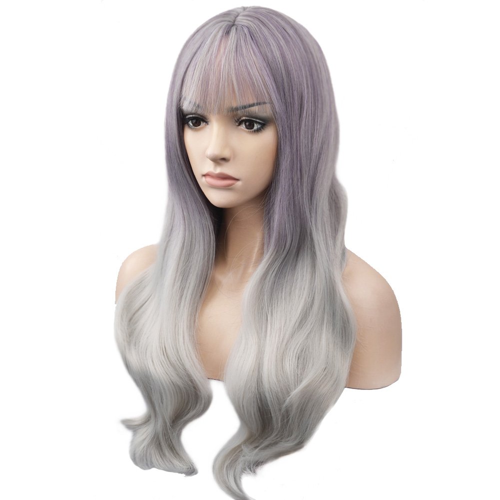 BERON Long Wavy Dark Roots Ombre Silvery Grey Wigs with Bangs