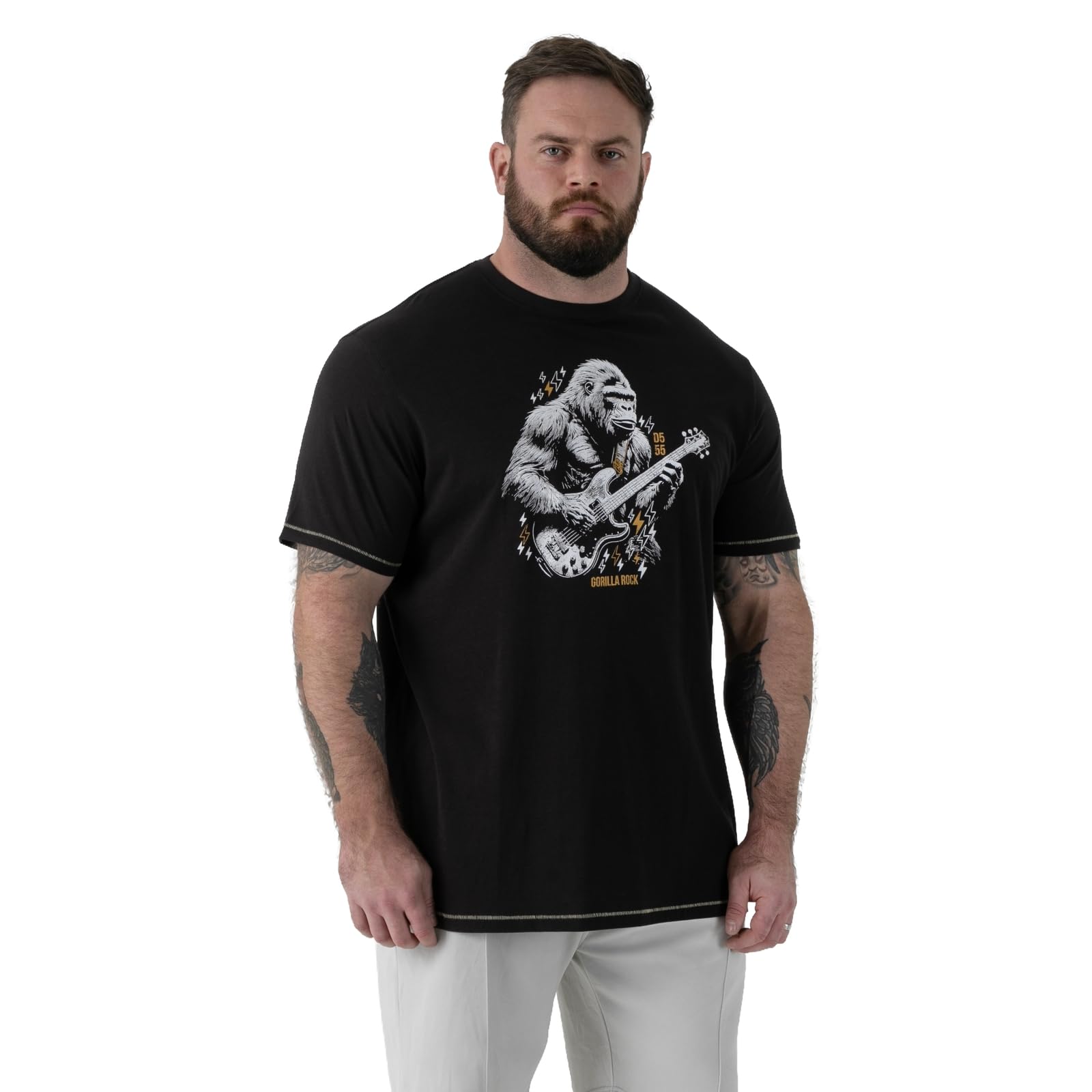 D555 MACFARLAN- Gorilla Playing Guitar Printed T-Shirt for Men in Washed Black, 6XL