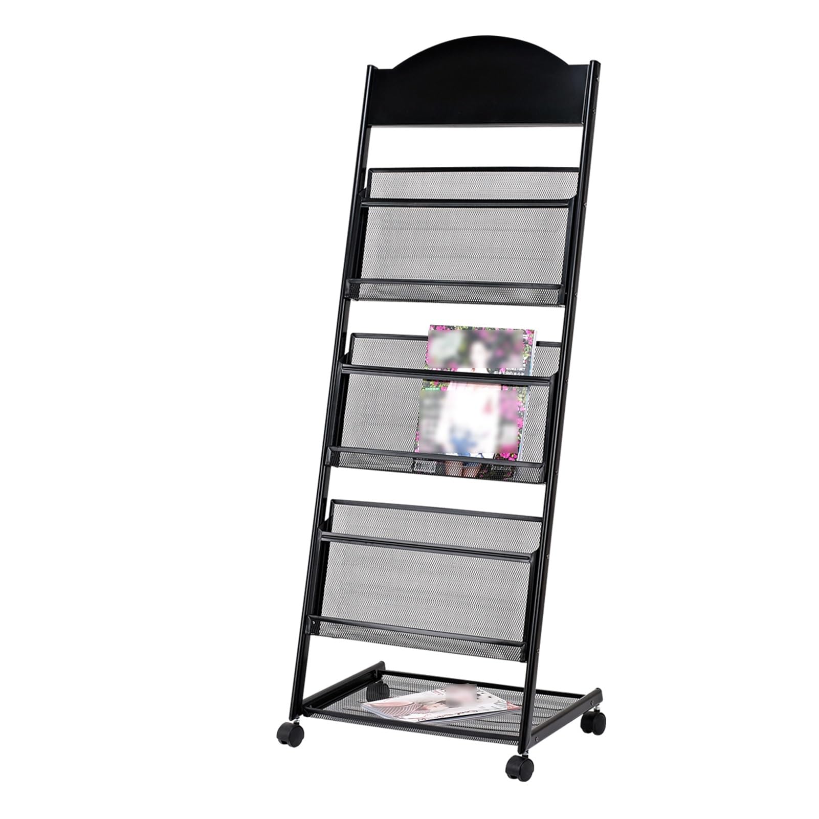 Jkjzsalj Black 3/4-Layer Iron Magazine Rack With Wheels,Mobile Display Rack,Floor-Standing Brochure Stand,For Offices,Trade Show Exhibitions Office Retail Store,-48.5X35.5x131cm