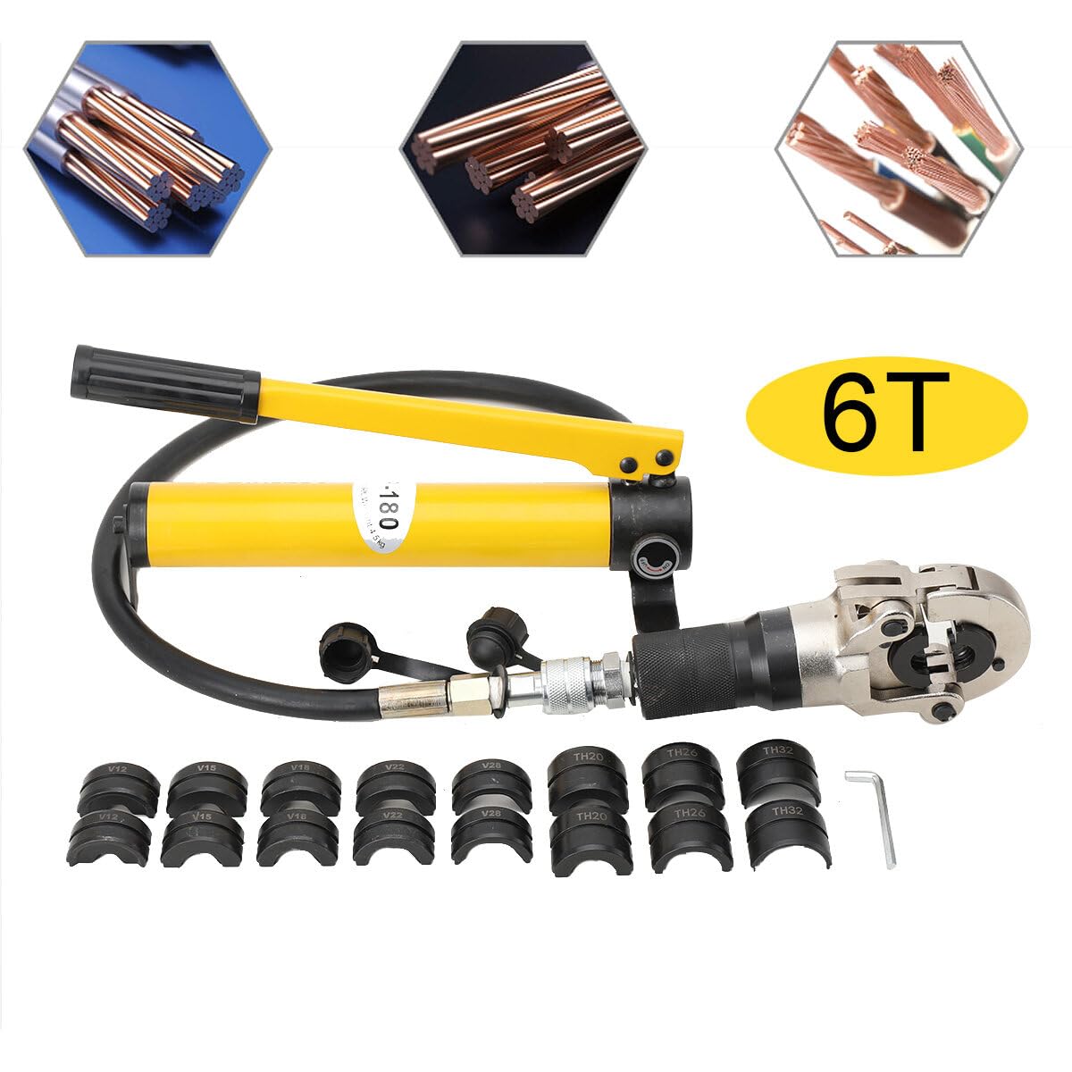 Pince à sertir hydraulique 6T V/TH - Pince à sertir hydraulique - Outil de pressage - Pince à sertir pour tuyaux en cuivre - Avec contour en V 12-28 mm - Contour TH 16-32 mm - Tête pivotante à