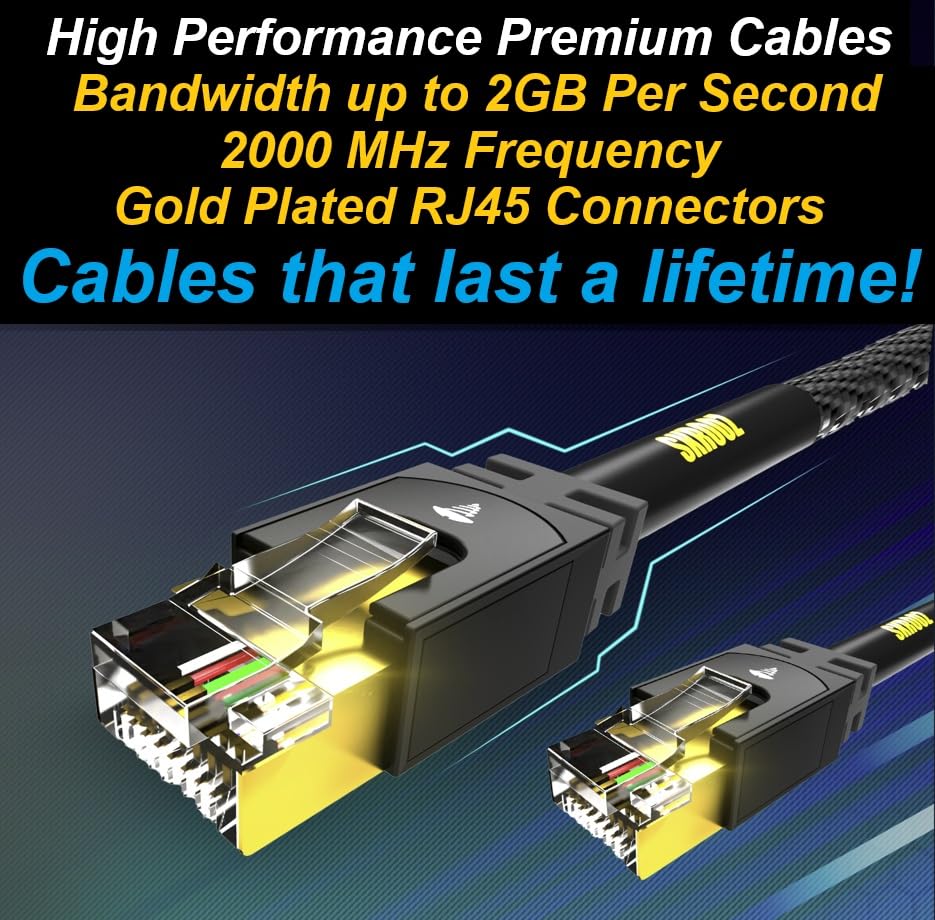 Miniatura 5 de Cable Ethernet CAT8, 8 pies de alta velocidad, 40 Gbps, conectores RJ45 chapados en oro, Kevlar fuerte, resistente a los rayos UV y al agua para