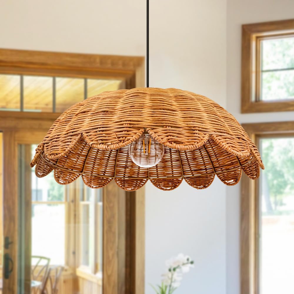 XQIDIANAA 19" Large Rattan Chandelier, 1-Light Boho Dining Room Light Fixture Over Table, Natural Handwoven Wicker Pendant Lamp for Living Room, Coastal Farmhouse Hanging Ceiling Lamp