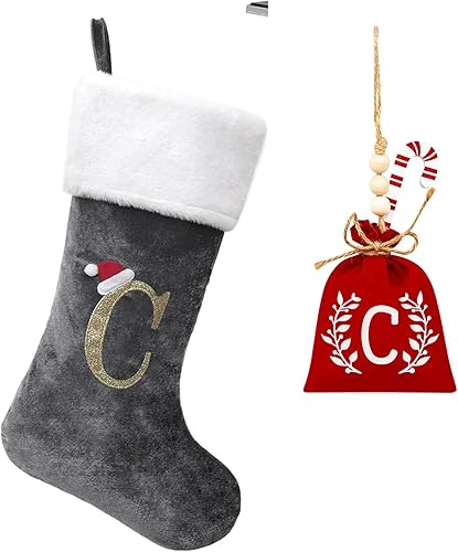 Miniatura 27 de Medias de Navidad con monograma de terciopelo rojo de 20 pulgadas con puño de felpa súper suave blanca, medias de Navidad bordadas personalizadas