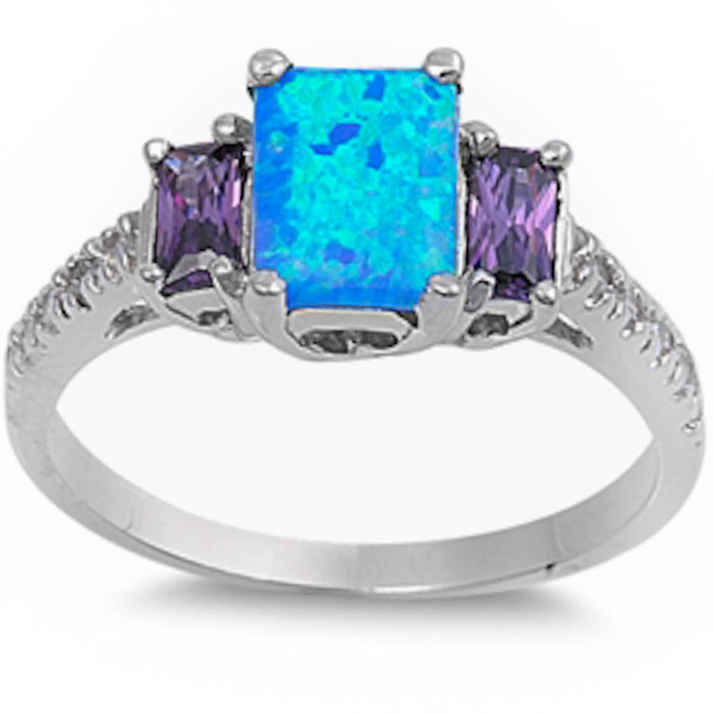 Oxford Diamond Co Lab Created Blue Opal, Simulated Amethyst & Cz .925 Sterling Silver Ring Sizes 5-10