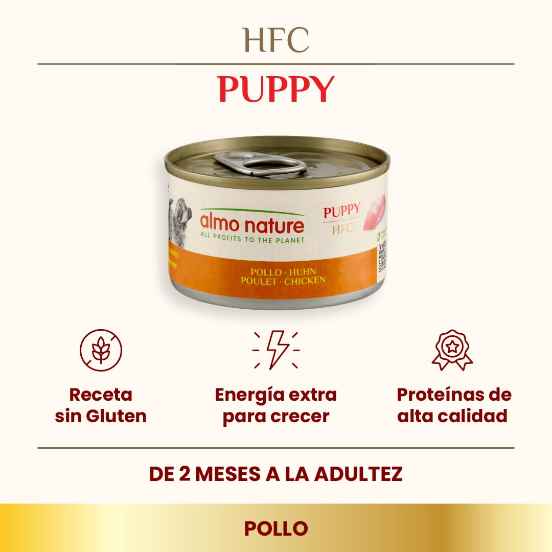 Almo Nature HFC Natural Puppy - Comida Húmeda Completa para Cachorros - Pollo - Monoproteíco, Grado Humano, Sin Gluten - 95g, Pack de 24