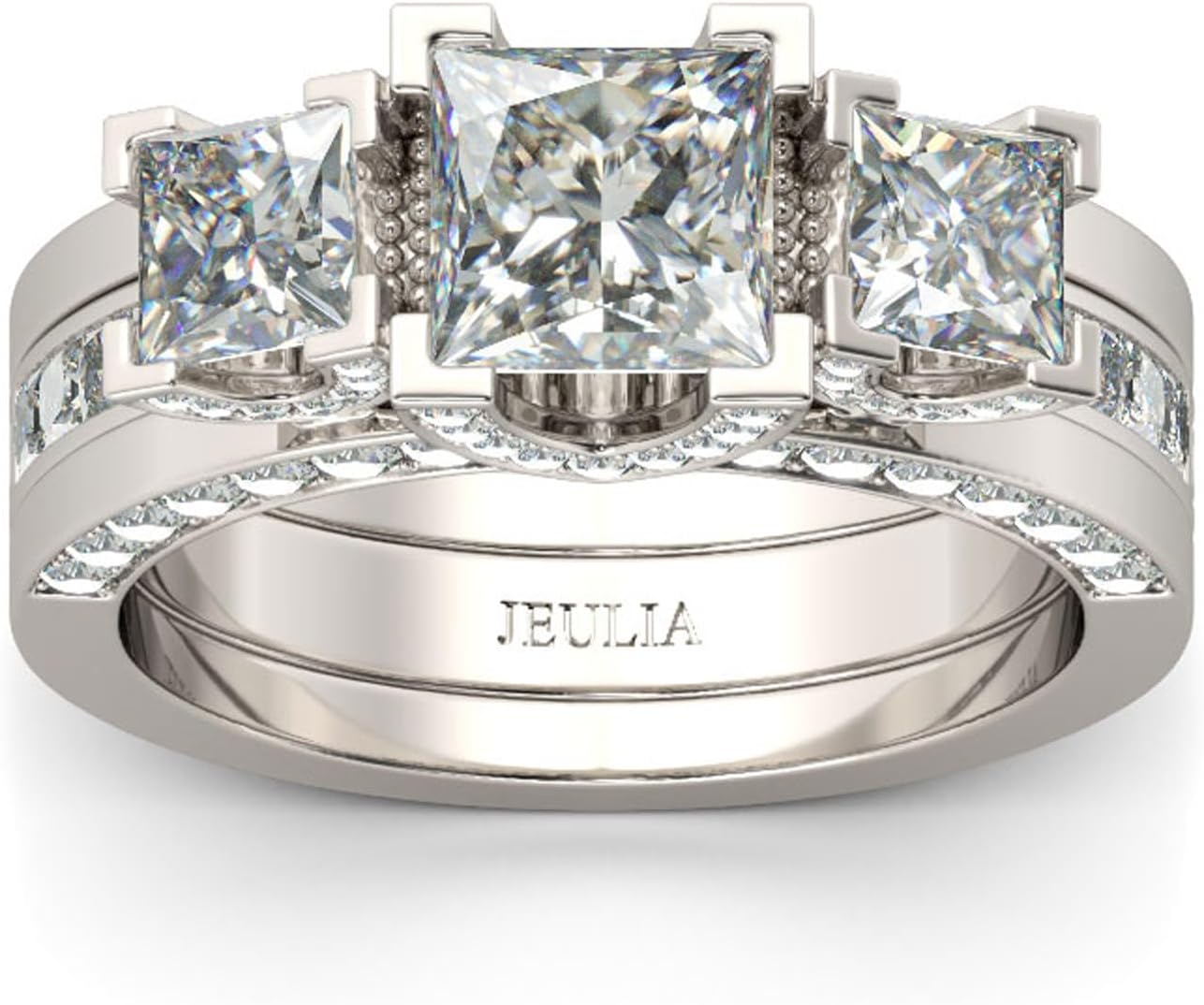 Jeulia 2PCS Interchangeable Engagement Ring Set for Women; 925 Sterling Silver Three Stone Radiant Cut Wedding Ring Bride Set CZ Anniversary Promise Rings for Her with Jewelry Gift Box