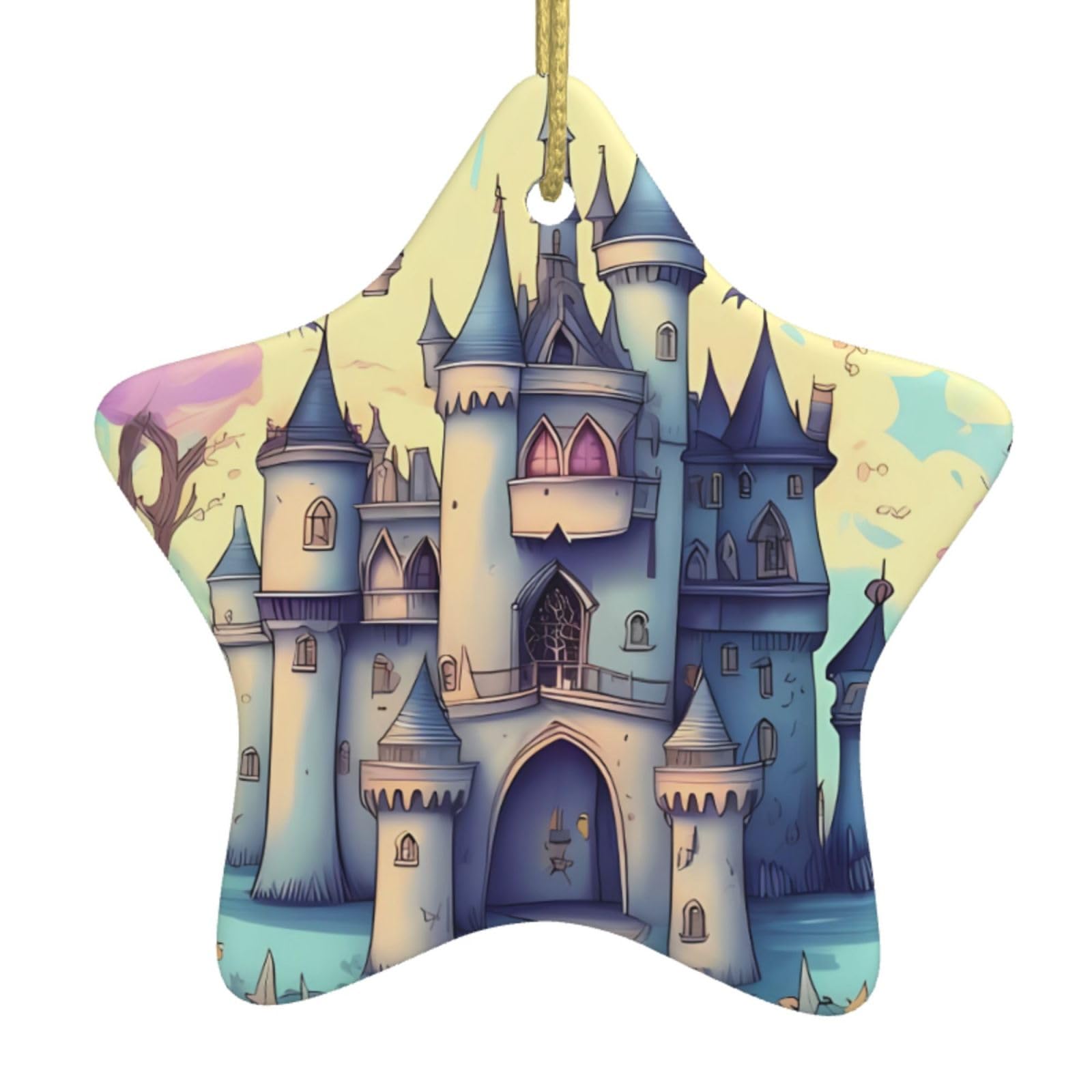 Ceramic Christmas Tree Hanging Ornaments with Gold Ropes Christmas Tree Decorations Star Ceramic Fairytale Castle Pendant Keepsake Decorations for Holiday Xmas Gift Ideas