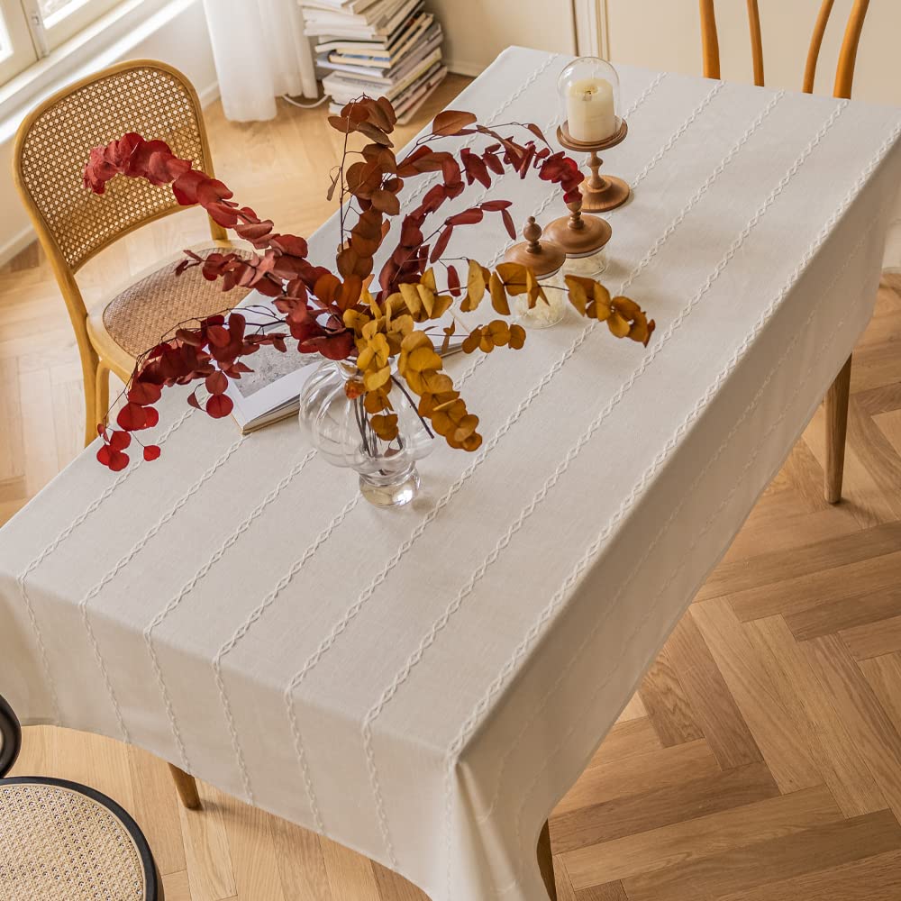 Zobesta White Linen Table Cloth Cotton Linen White Tablecloth for Rectangle Tables, Heavy Weight Washable Farmhouse Soft Boho Tablecloth for Kitchen & Table Linens (White, 53 x 70 Inch)