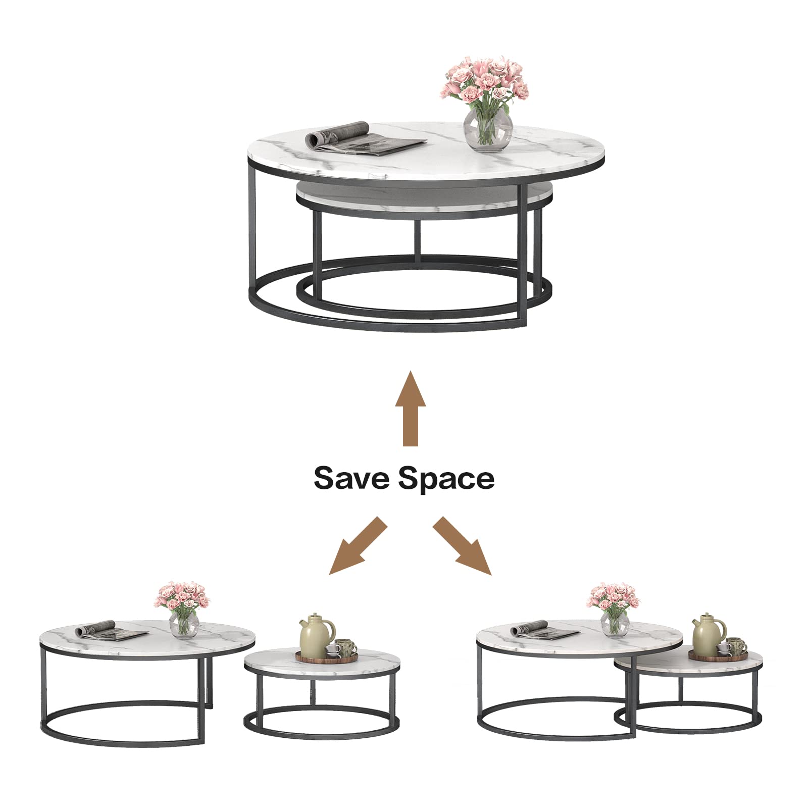 Modern Nesting Coffee Table, Marble Look Sofa Side Nest of Tables Round