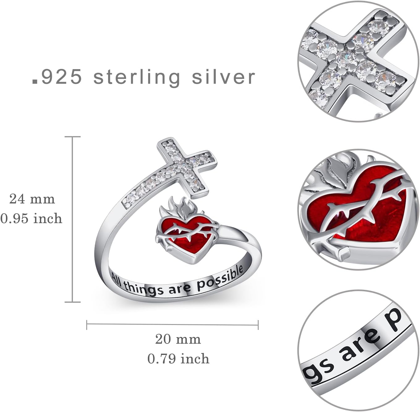 Sacred Heart of Jesus Ring 925 Sterling Silver Sacred Heart Open Ring Christian Cross God's Love Jewelry Amulet Gifts for Women Mom and her - Image 4