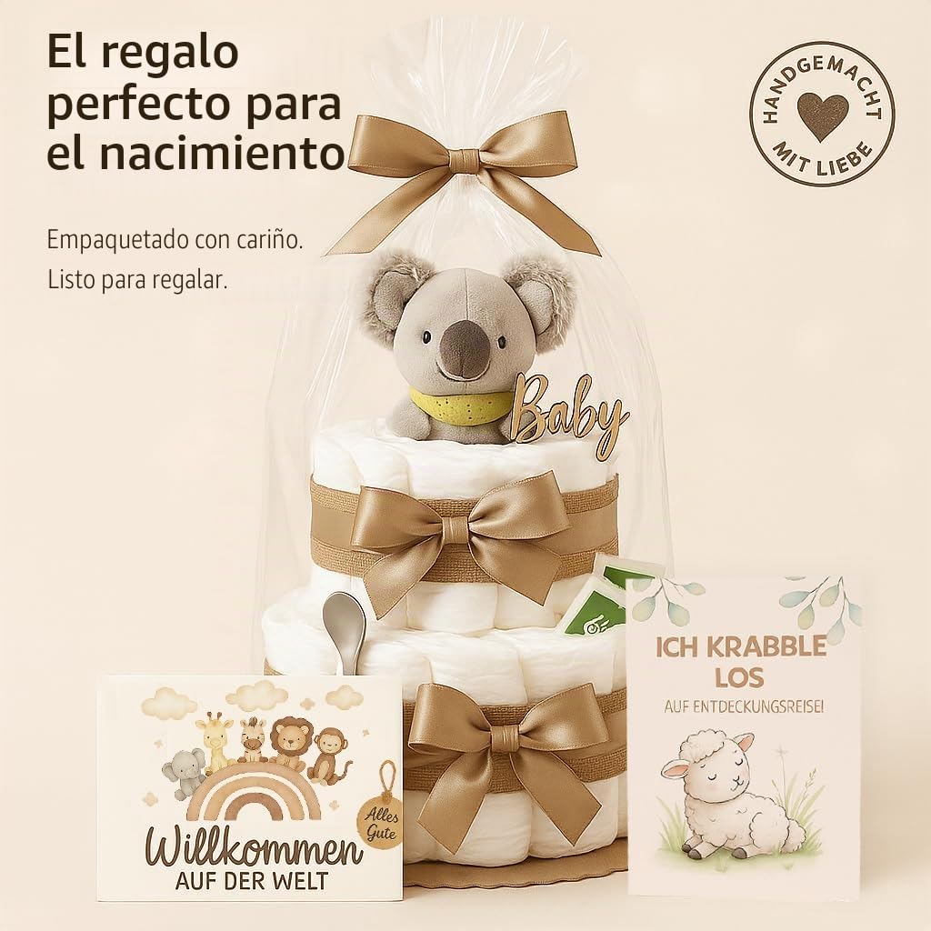 Tarta de pañales para niña y niño con koala Greifling – Boho Vintage [hecho a mano] – Regalo de nacimiento con agarrador koala y té orgánico – Tarta neutral y para baby