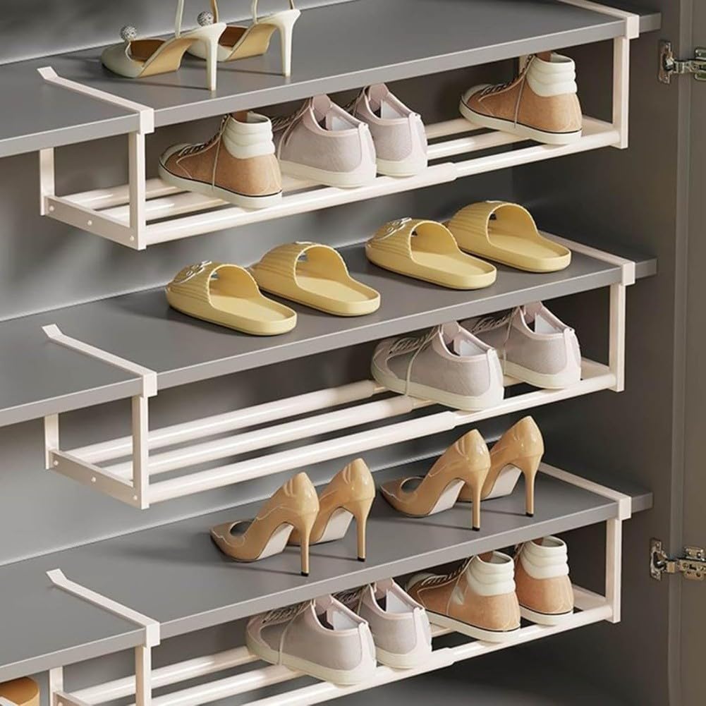 Scaffale telescopico regolabile, espandibile in acciaio al carbonio, organizer per scarpe, armadio da cucina, salvaspazio, 70 x 20 x 10 cm, bianco