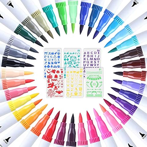 36 Colors Dual Colouring Pens - Brush Pens Fine Tip Markers Fineliner Pens Watercolour Art Marker for Kids Adult Drawing Coloring Book Sketching Painting Writing Christmas Gifts Cards(6 Templates) Cover