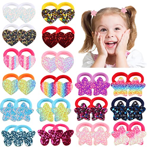 Baby Hair Ties For Girls - Glitter Hair Ties For Thick Hair Toddlers Bow Elastic Rubber Hair Bands 36Pcs Sequins Hair Ropes Sparkle Cotton Ponytail Holder For Kids Teens Star/Heart/Butterfly Shaped #TOP22