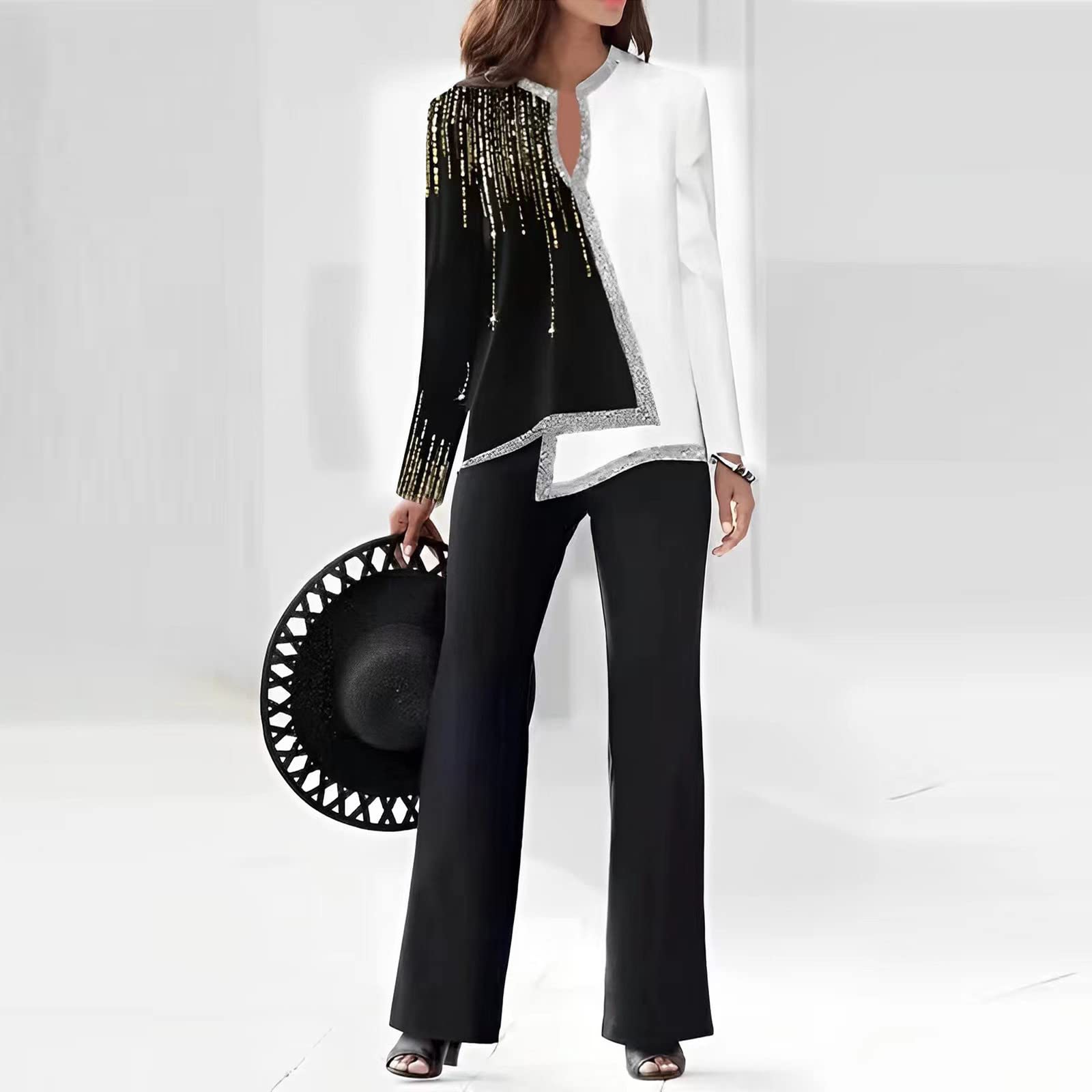 IQYU Traje de pantalón para mujer con purpurina, festivo, para invitados de boda, elegante, dos piezas, verano, manga larga, dobladillo asimétrico, pantalones de traje, pantalones de tela de cintura