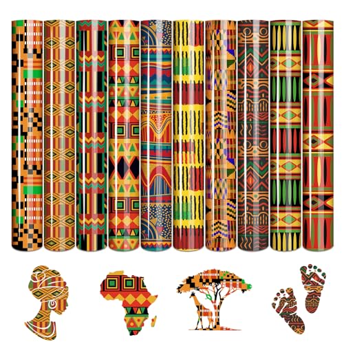 Image of Tintnut Kwanzaa HTV Vinyl - 10 Sheets 12 X 10inches Kente Pattern Printed Heat Transfer Vinyl African Amercian Iron on Vinyl for Clothes DIY