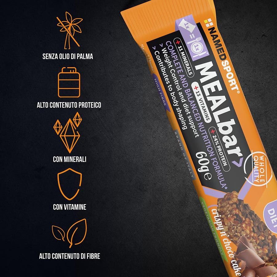 NAMEDSPORT MealBar> Crispy Choco Cake 20 x 60g | Barrette Proteiche Sostitutive Pasto | Pasto Sostitutivo Dimagrante Ricco di Fibre con 13 Vitamine e 11 Minerali | Senza Olio di Palma | Vetegariano