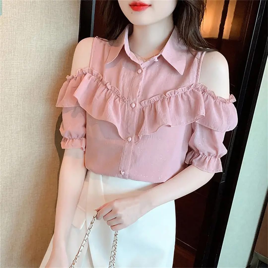 Elegante risvolto volant oversize manica a sbuffo camicia in chiffon top estivi camicetta donna allentata
