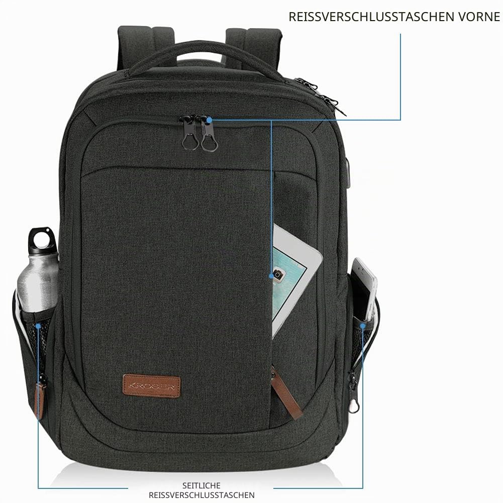 KROSER Laptop Rucksack 17,3 Zoll Handgepäck Daypack wasserabweisende Multifunktions-Laptoptasche für Business/Reisen/Damen/Herren-schwarz