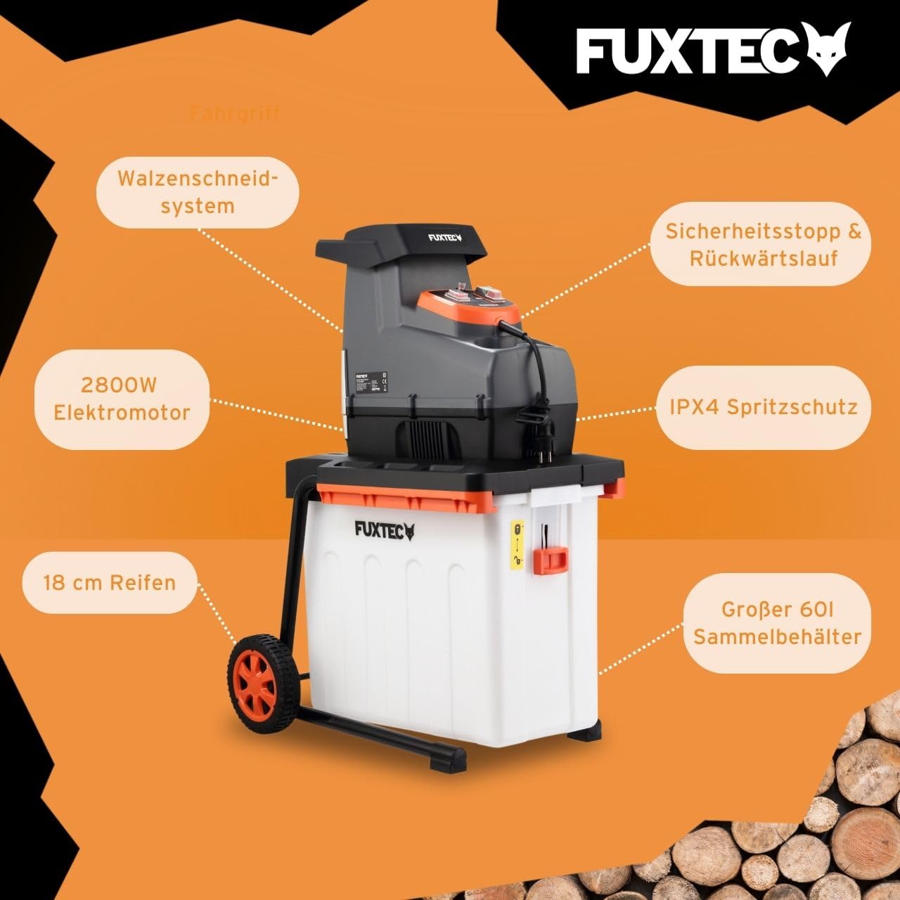 FUXTEC Elektro Gartenhäcksler FX-EGH2800B, Walzenhäcksler mit 2800W Leistung und Rückwärtslauf, zerkleinert Äste bis 44mm Durchmesser, leise & kraftvoll mit 60L Auffangbox und Überlastschutzsystem
