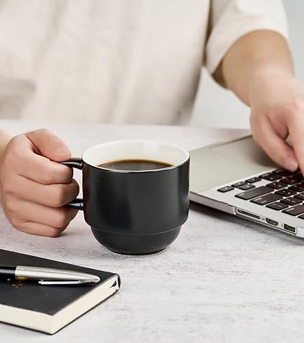 Miniatura 7 de YHOSSEUN Tazas de café apilables con estante y cuchara de metal, tazas Demitasse de 11 onzas para expreso, latte, capuchino, cacao caliente, tazas