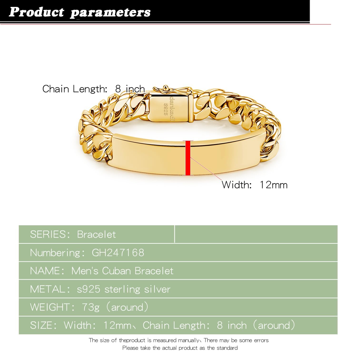 Dankadi Men 925 Sterling Silver Solid Miami Cuban Link Chain Bracelet 12MM Rectangular Card Bangles 7 "7.5" 8 "8.5" 9 "9.5" 10" Thick Big Curb Cuban Chain Jewelry Gift (Gold, 7 inch)
