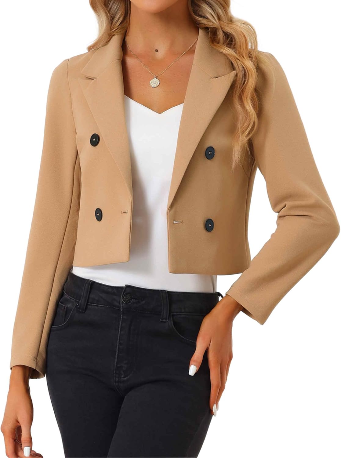 Allegra K Dressy Casual Cropped Blazer for Women's Long Sleeve Double Breasted Work Office Jacket