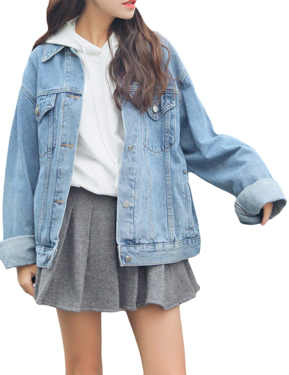 Huixin Kurtka dżinsowa damska vintage moda luźny chłopak styl denim płaszcz długi retro rękaw klapa wypoczynek elegancka wiosna jesień kurtka dżinsowa odzież wierzchnia