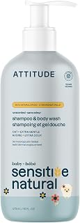 ATTITUDE Baby 2-in-1 Shampoo & Body Wash, EWG Verified Unscented, Vegan Sensitive Skin, Oat for Dryness Relief, 16oz