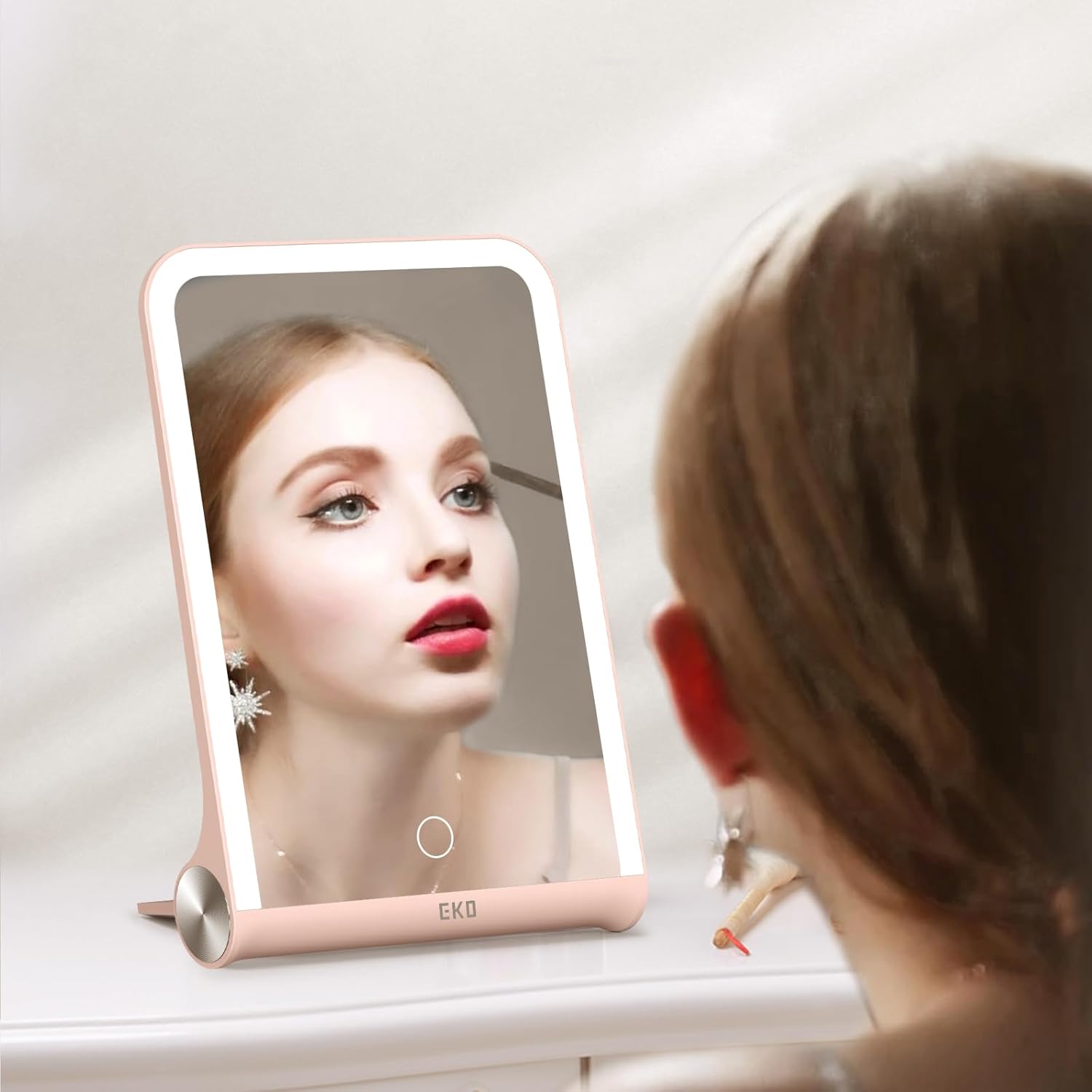 EKO iMira 10.6" Foldable Travel Makeup Mirror with Light, Portable Vanity with Full LED, Touch Screen 3 Brightness Dimmable Lighting, Rechargeable Compact, Travel Essential (Pink)