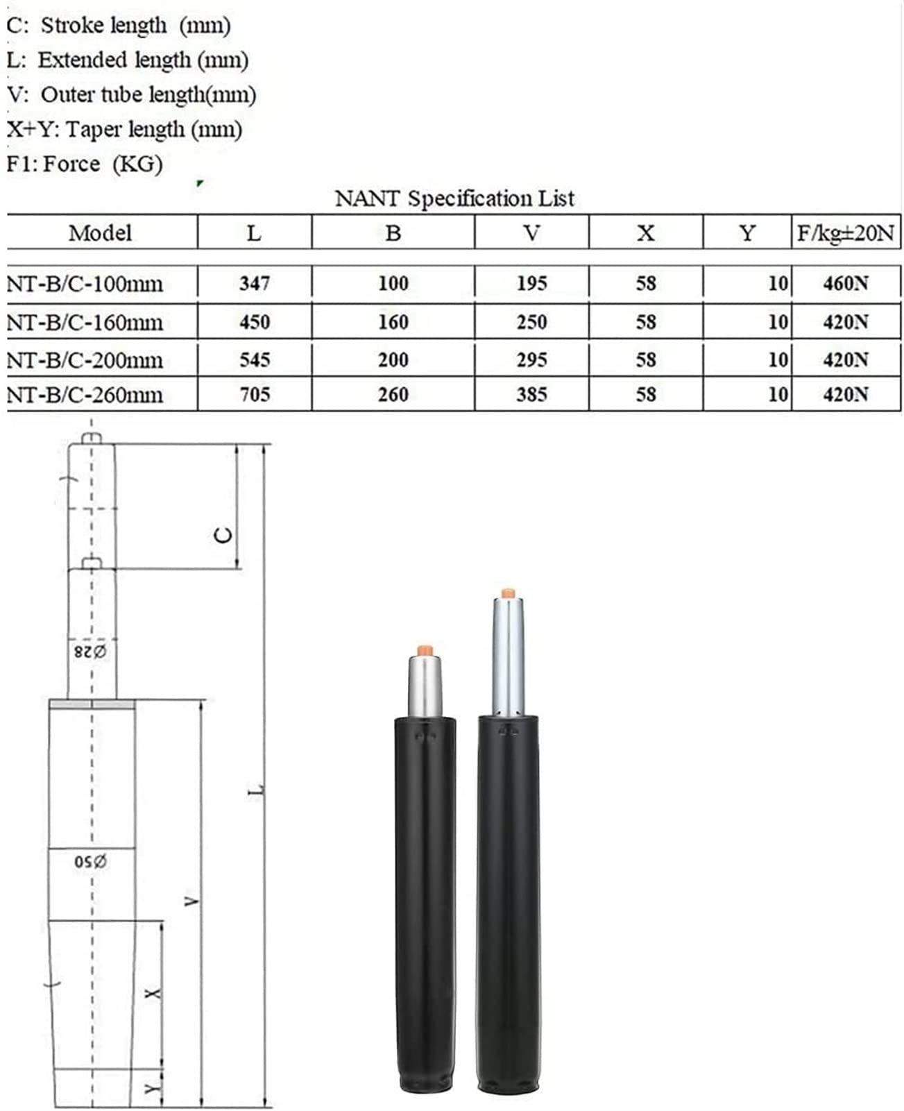 Resorte de Gas Cilindro de Varilla de Soporte Ajustable de pistón de Base de elevación de Gas neumática Piezas de Silla de Bar de Silla de Oficina Cilindro de Repuesto(160mm)