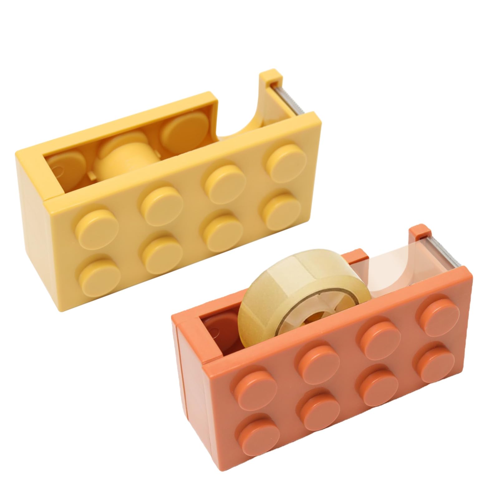 2Pcs Tape Dispenser, Practical Sellotape Dispenser, Yellow and Orange Tape Holder for Office Packaging, Home Crafts, School Projects, Yellow and White Building Block Design