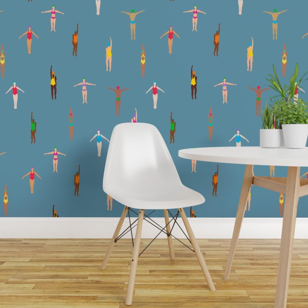 Removable Wallpaper 3ft x 2ft - Swimmers Dusty Blue Water Holiday Sun Summer Tropical Custom Pre-Pasted Wallpaper by Spoonflower