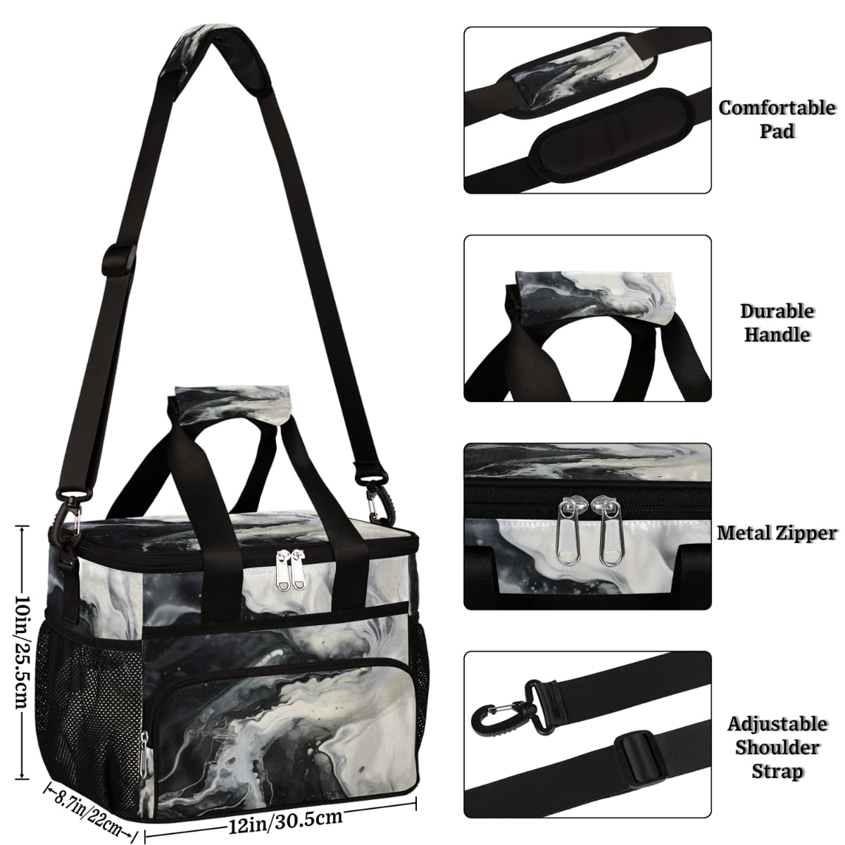 Black White Marbling Insulated Picnic Backpack Lunch Box for Women Men Picnic Basket Tote Lunch Bag Picnic Bag Portable Lunch Bags for Picnic, Beach, Work, Trip,Office, Camp Marble Texture