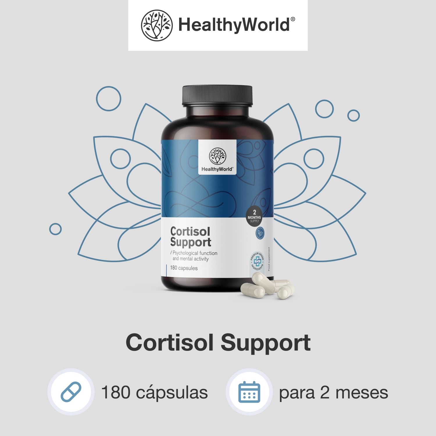 HealthyWorld Cortisol Support - 180 cápsulas - Ashwagandha, Rodiola, L-Teanina, Zinc, Pimienta Negra, Vitamina C1, B1, B5, B6 - Para el Equilibrio Hormonal - Fórmula Vegetariana