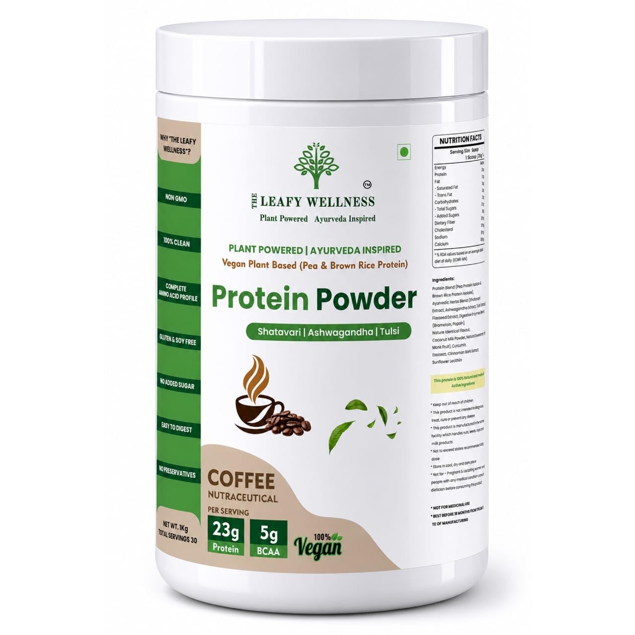 Plant Protein Powder – Pea & Brown Rice Protein with Ayurvedic Herbs | 23g Protein & 5g BCAA | Ashwagandha, Shatavari & Tulsi | No Added Sugar, No Preservatives | For Men & Women (500g, Coffee)-image-39