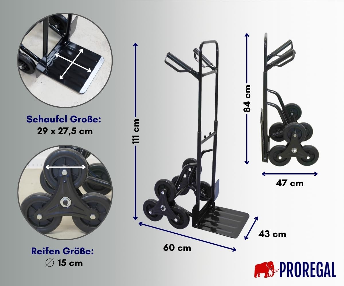 PROREGAL Treppensackkarre Odin | HxBxT 111x60x43cm | Tragkraft 200kg | Hartgummi-Bereifung | Stahlrahmen | Schwarz | Transportkarre Staplerkarre klappbar