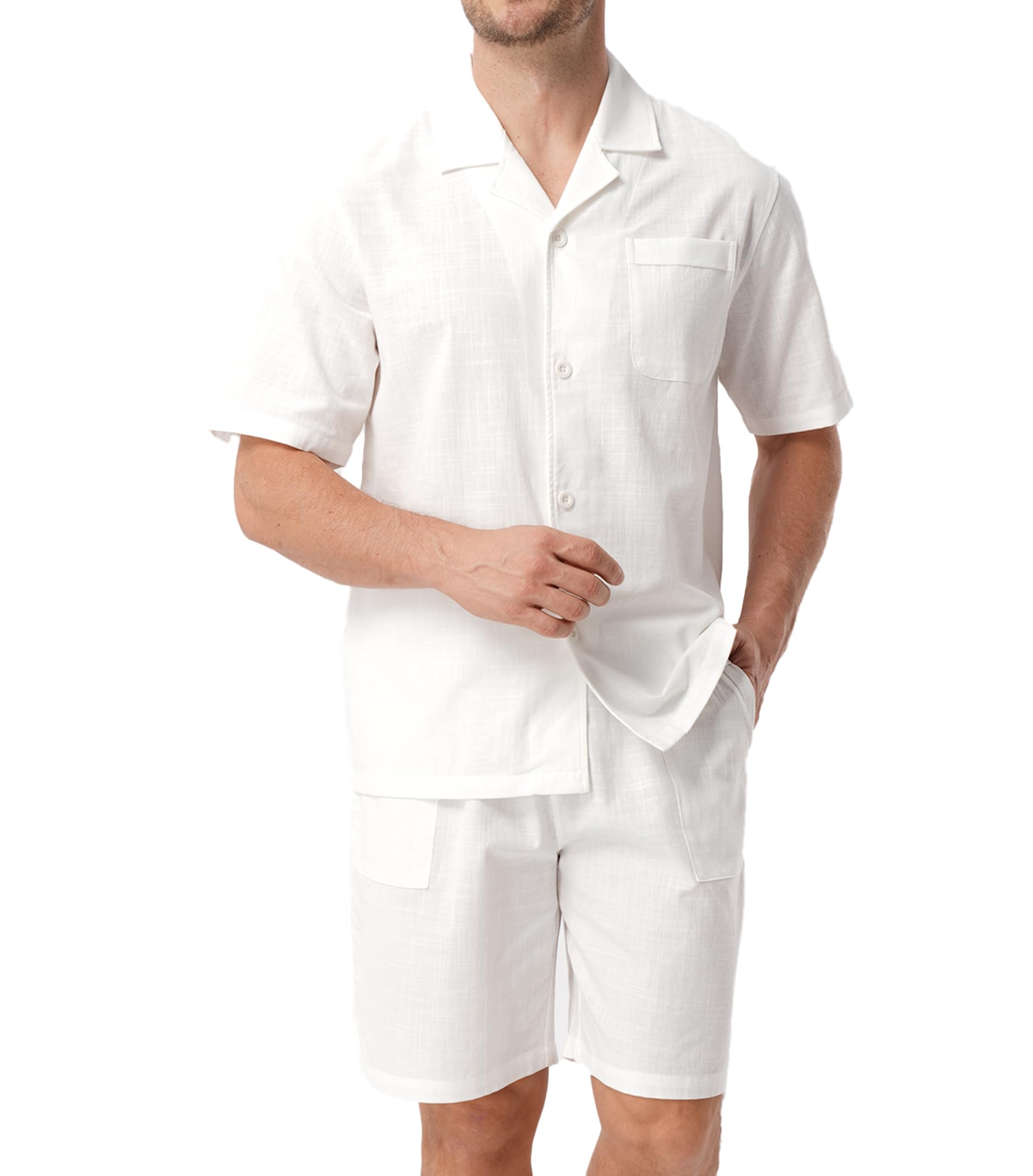 DAVID ARCHY Set pigiama da uomo 100% cotone effetto lino abbigliamento estivo per le vacanze capispalla con risvolto a maniche corte leggero pigiama da salotto con tasche