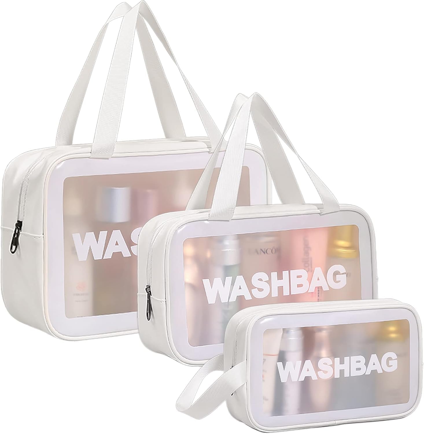 Makeup Pouch Bag PVC Travel Toiletries Organizer Cosmetic Bags Wash Bag Pouch for Travel Kit Toiletry Bag Portable Organizer Case Carry Pouch for Women Bathroom Set of 3 (White)-picture-50