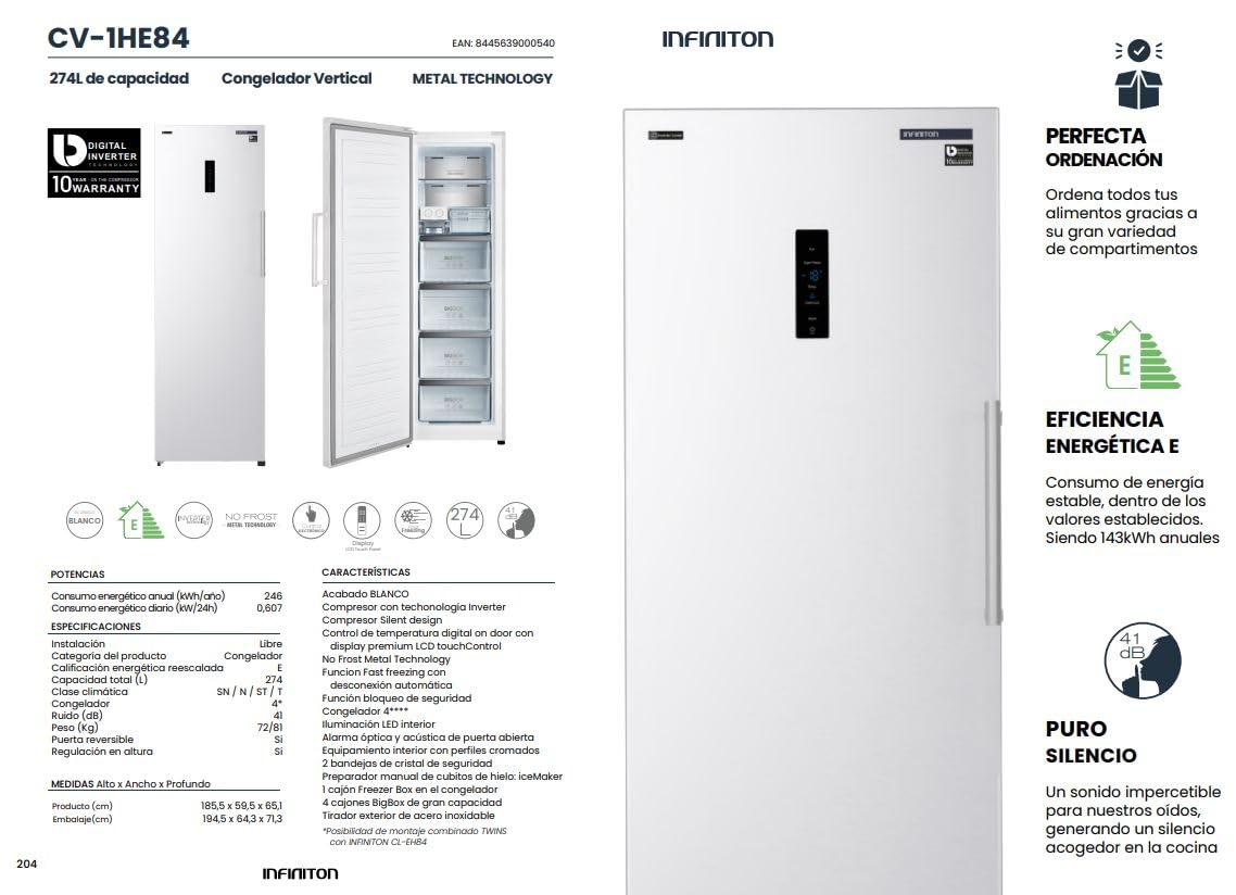INFINITON Congelador Vertical CV-1HE84, E, 274 Litros, No Frost, 185 cm de Altura, Blanco
